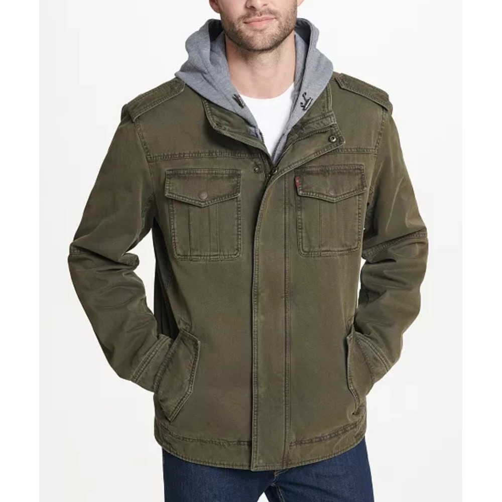 Levi's Mens Military Jacket Green‎ Olive Washed Cotton Sherpa Lined Hooded Small
